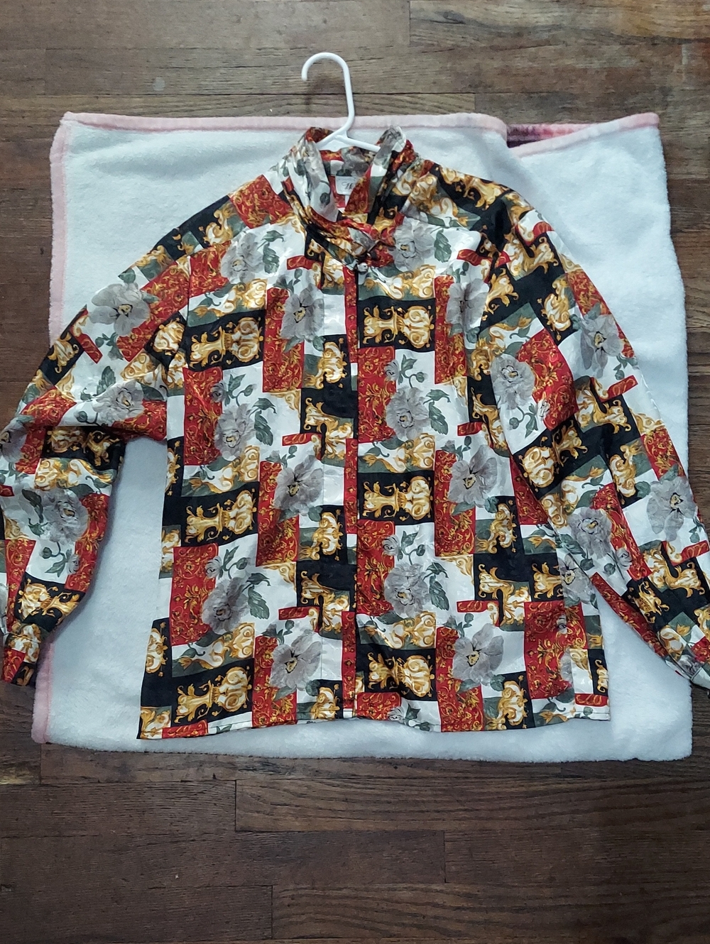 Worthington Patchwork Floral Button-Down Shirt in Red, Black, Gold & White